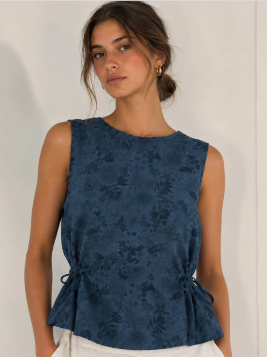 Navy Cotton Side Tie Top