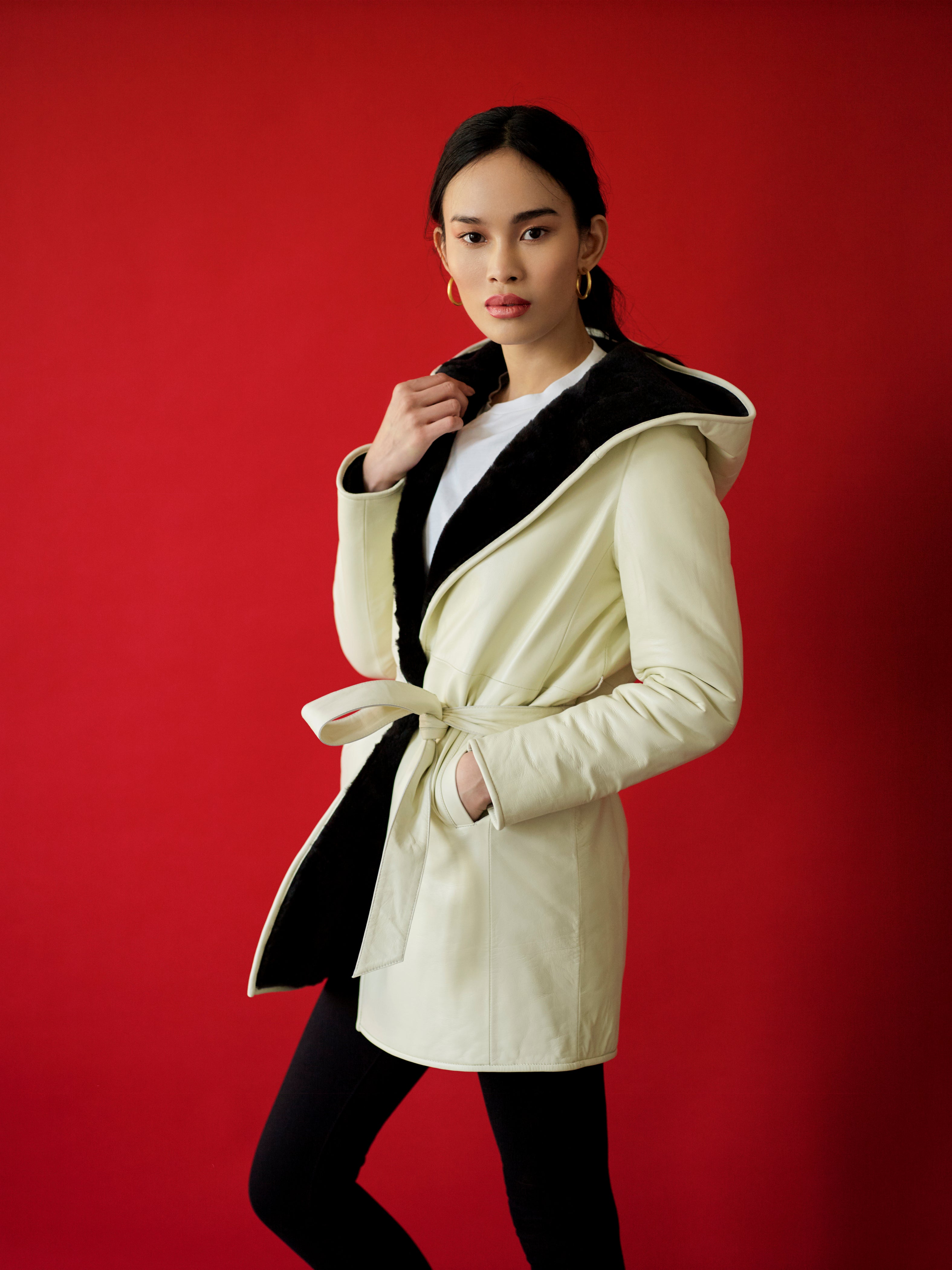 Forest/White Reversible Shearling Wrap Coat