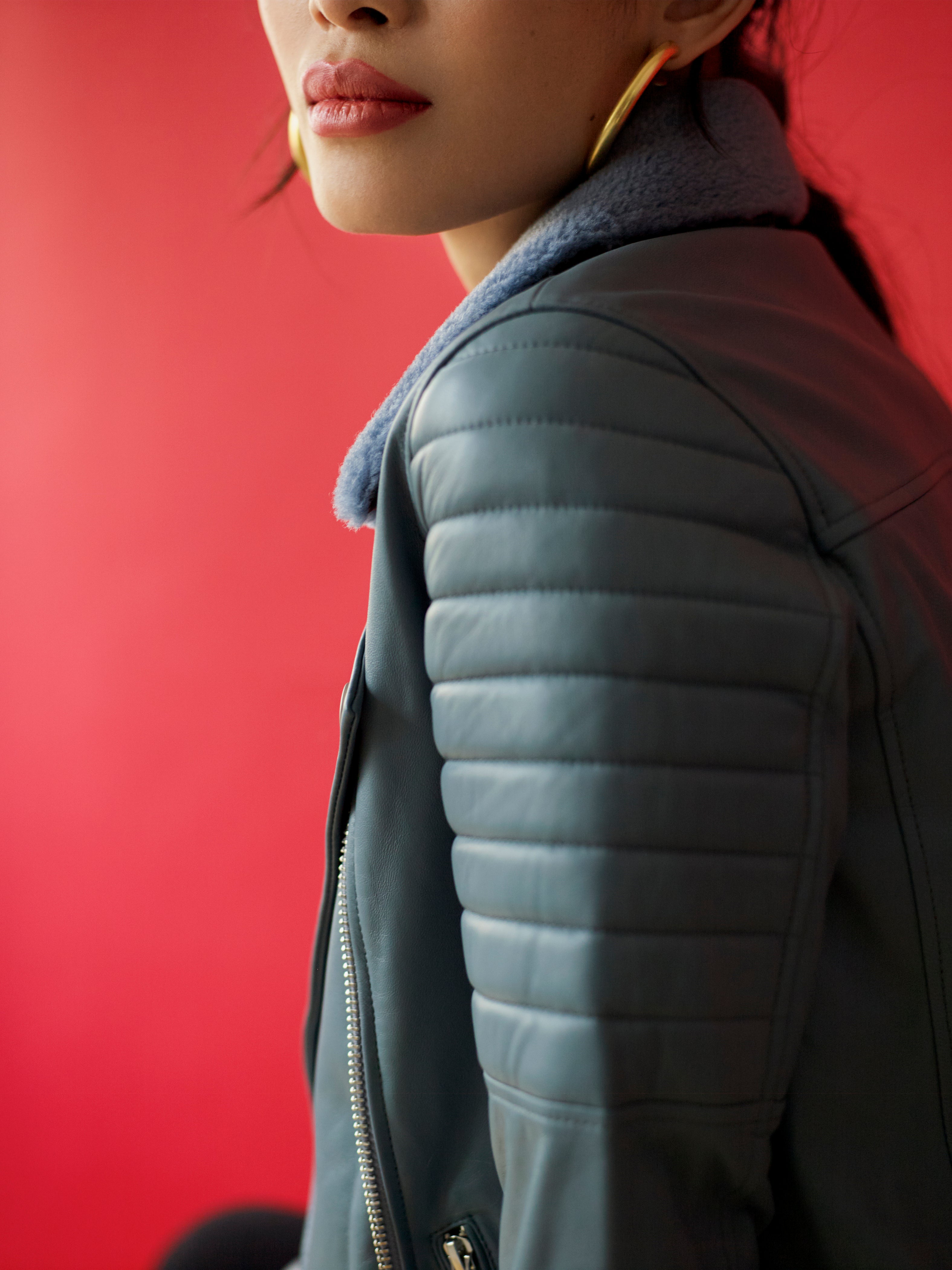Ribbed Sleeve Leather Jacket