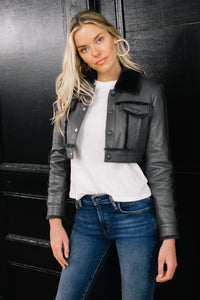 Cropped Shearling Piped Leather Jacket